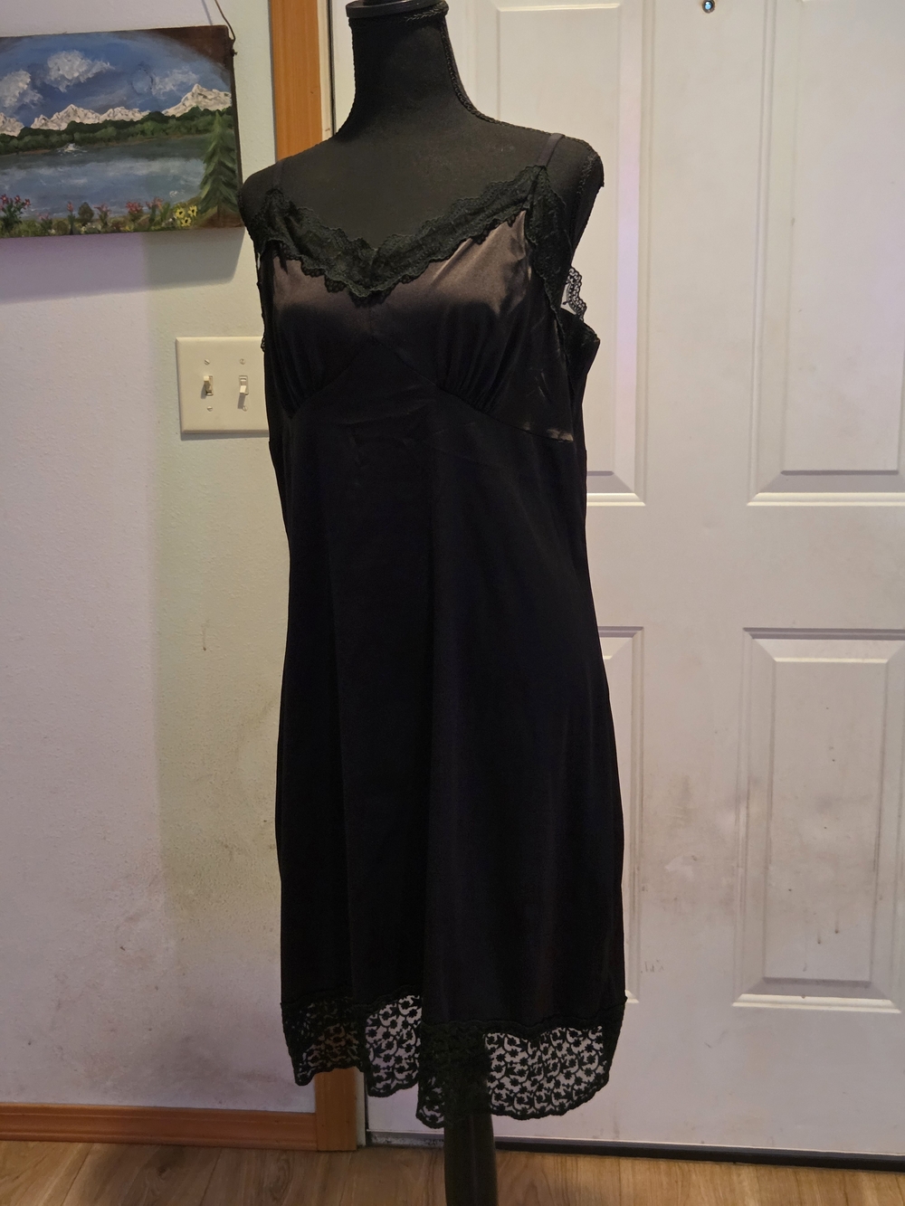 Black Lace-Trim Satin Chemise Slip